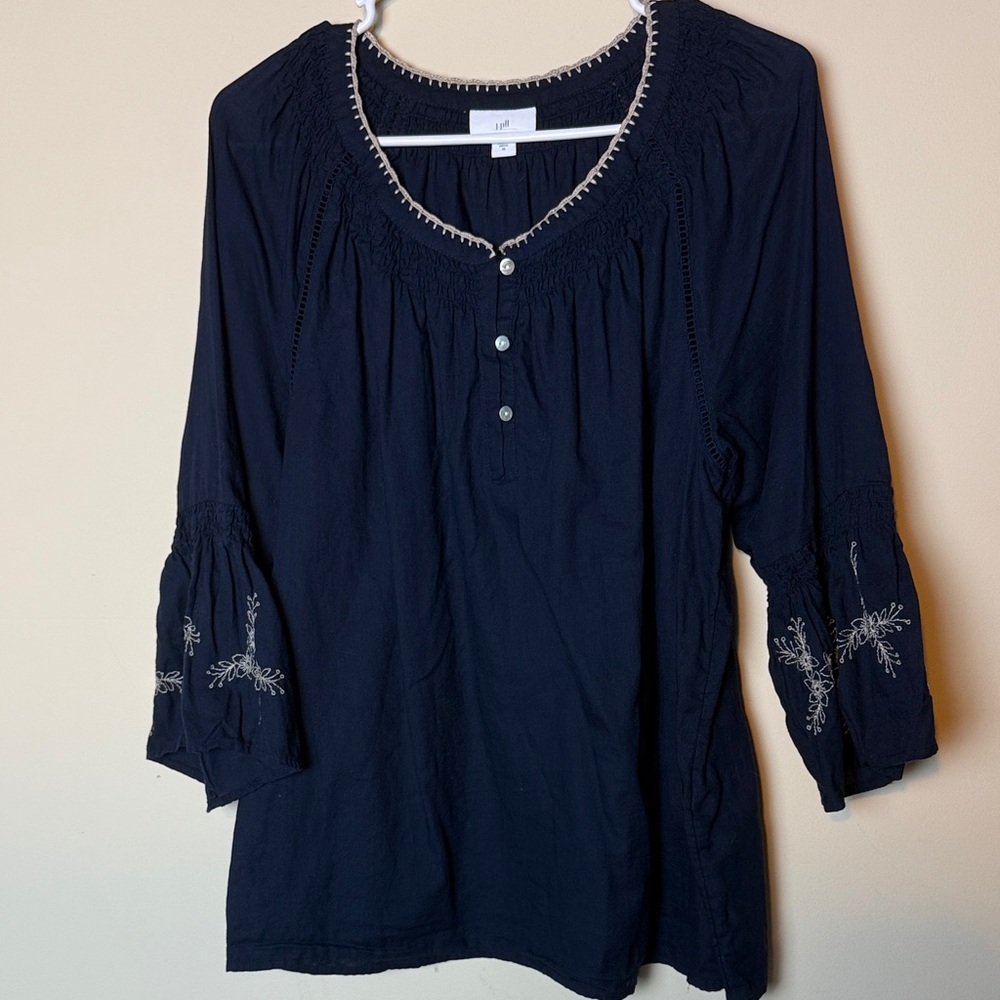 J. Jill Navy Embroidered Women's Top oversized Med peasant bell sleeves 💯 cotton